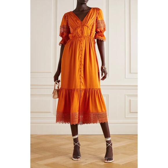 NWT SELF-PORTRAIT Lace Trim Satin Twill Ruffle Midi Dress In Orange Size 0 UK 4 - Picture 1 of 11